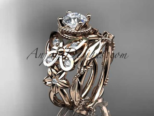 14kt rose gold diamond floral, butterfly wedding ring, engagement set with a "Forever One" Moissanite center stone ADLR136S