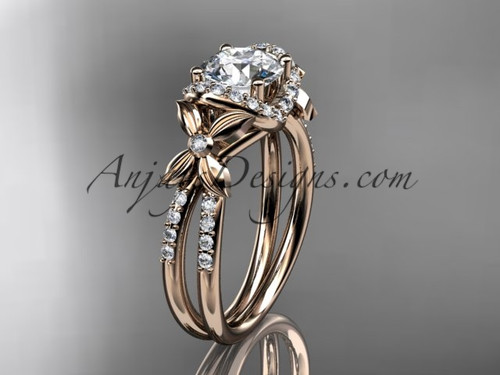 14kt rose gold diamond floral wedding ring, engagement ring with a "Forever One" Moissanite center stone ADLR140