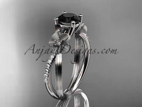 platinum diamond leaf and vine wedding ring, engagement ring with a Black Diamond center stone ADLR214