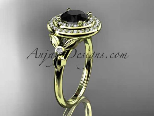 14kt yellow gold diamond floral wedding ring, engagement ring with a Black Diamond center stone ADLR133