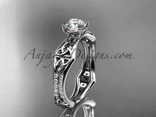 platinum diamond celtic trinity ring, triquetra ring, engagement ring with a "Forever One" Moissanite center stone CT7353