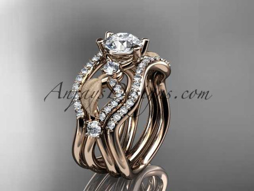 Luxury Double Band Diamond Engagement Ring, 14kt Rose Gold Leaf "Forever One" Moissanite Wedding Ring ADLR68S