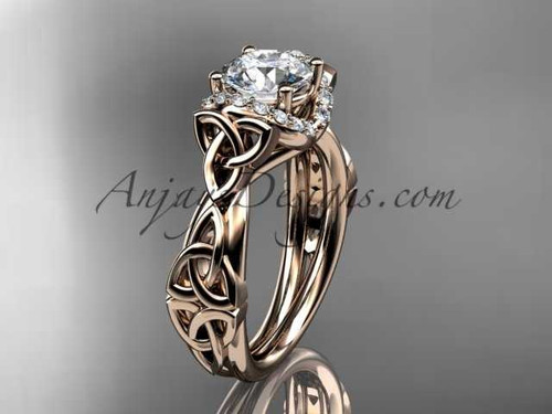 14kt rose gold diamond celtic trinity knot wedding ring, engagement ring with a "Forever One" Moissanite center stone CT7289