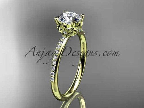 14kt yellow gold diamond floral wedding ring, engagement ring with a "Forever One" Moissanite center stone ADLR92