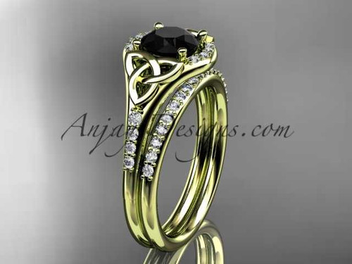 14kt yellow gold diamond celtic trinity knot wedding ring, engagement set with a Black Diamond center stone CT7126S