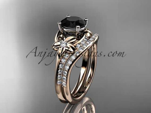 Contemporary Floral Wedding Ring Set, 14kt Rose Gold Black Diamond Bridal Ring ADLR125S