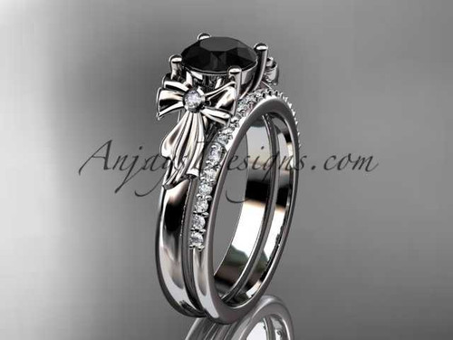 platinum diamond unique engagement set, wedding ring with a Black Diamond center stone ADER154S