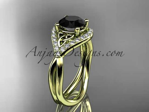 14kt yellow gold diamond celtic trinity knot wedding ring, engagement ring with a Black Diamond center stone CT7390