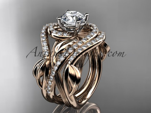 Unique 14kt rose gold diamond leaf and vine wedding ring, engagement ring with a "Forever One" Moissanite center stone and double matching band ADLR222S