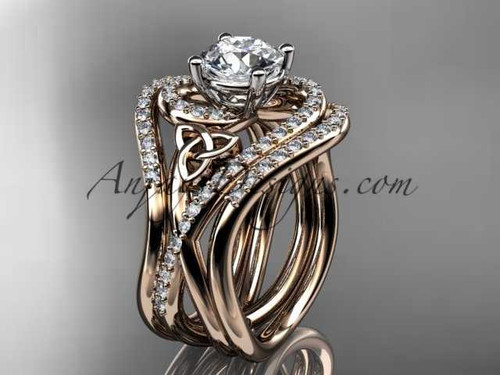 14kt rose gold diamond celtic trinity knot wedding ring, engagement ring with double matching band CT7320S