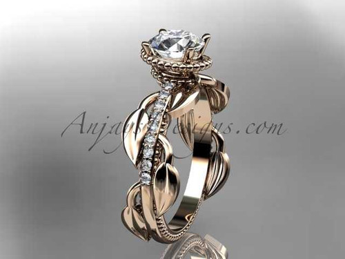 Unique 14k rose gold diamond leaf and vine diamond engagement ring with a "Forever One" Moissanite center stone ADLR231
