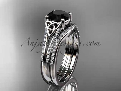 14kt white gold celtic trinity knot engagement ring ,diamond wedding ring, engagement set with a Black Diamond center stone CT7108S
