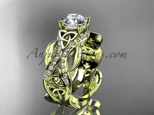 14kt yellow gold diamond celtic trinity knot wedding ring, engagement ring with a "Forever One" Moissanite center stone CT7515