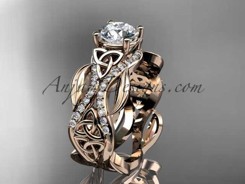 14kt rose gold diamond celtic trinity knot wedding ring, engagement ring with a "Forever One" Moissanite center stone CT7515