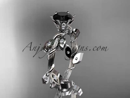 Awesome Leaf and Vine Wedding Ring, 14kt White Gold Black Diamond Engagement Ring ADLR20