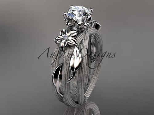 Floral lab grown diamond engagement ring with leaf and vine details in 14k white gold