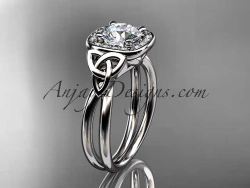 platinum diamond celtic trinity knot wedding ring, engagement ring with a "Forever One" Moissanite center stone CT7330