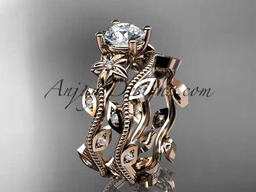 14k rose gold diamond leaf and vine wedding ring, engagement ring, engagement set ADLR151S