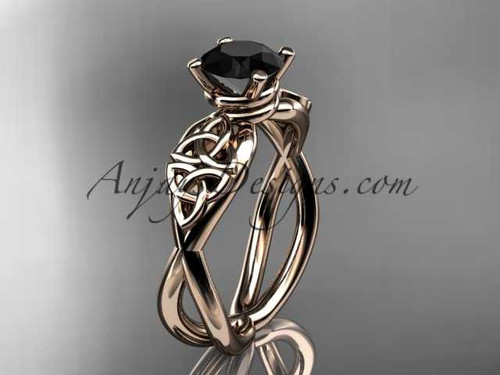 14kt rose gold celtic trinity knot engagement ring, wedding ring with a Black Diamond center stone CT770