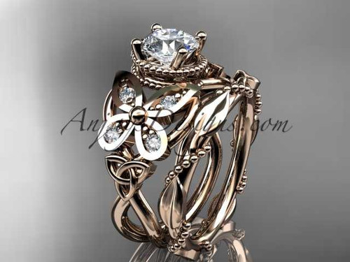 Nature Inspired Celtic Wedding Ring, 14kt Rose Gold Butterfly Diamond Engagement Ring Set CT7136S