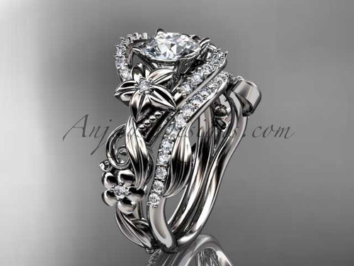 14kt white gold diamond unique flower, leaf and vine engagement set ADLR211S
