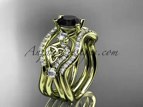 14kt yellow gold celtic trinity knot engagement ring, wedding ring with a Black Diamond center stone and double matching band CT768S