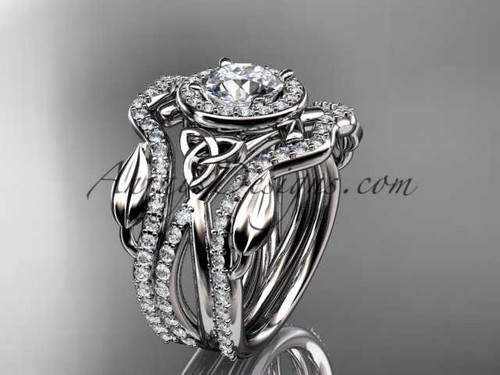 14kt white gold celtic trinity knot engagement ring, wedding ring with a "Forever One" Moissanite center stone and double matching band CT789S