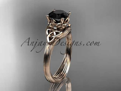 14kt rose gold diamond celtic trinity knot wedding ring, engagement ring with a Black Diamond center stone CT7240