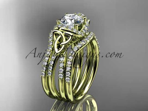 14kt yellow gold diamond celtic trinity knot wedding ring, engagement ring with a "Forever One" Moissanite center stone and double matching band CT7155S