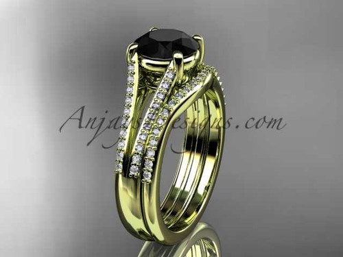 14kt yellow gold diamond unique engagement set, wedding ring with a Black Diamond center stone ADER108S