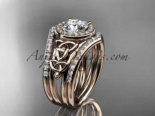 14kt rose gold diamond celtic trinity knot wedding ring, engagement ring with a double matching band CT7131S