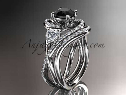 Unique 14kt white gold diamond engagement set, wedding ring with a Black Diamond center stone ADLR320S
