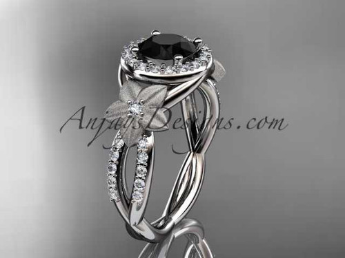 Stunning Black Diamond Engagement Ring, Platinum Halo Diamond Flower Wedding Ring ADLR127