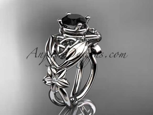 14kt white gold diamond celtic trinity knot wedding ring, engagement ring with a Black Diamond center stone CT7501