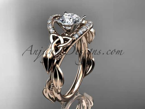 14kt rose gold diamond celtic trinity knot wedding ring, engagement ring with a "Forever One" Moissanite center stone CT7326