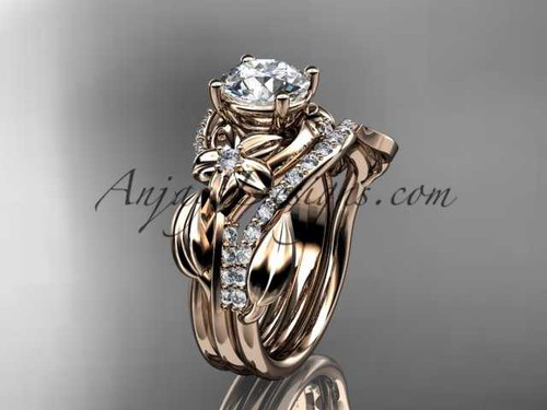 Unique 14k rose gold diamond flower, leaf and vine wedding ring, engagement set ADLR224S