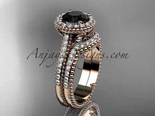 14kt rose gold diamond floral wedding set, engagement ring with a Black Diamond center stone ADLR101S