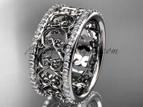 Unique Wide Wedding Band, 14kt White Gold Diamond Marriage Ring ADLR423B