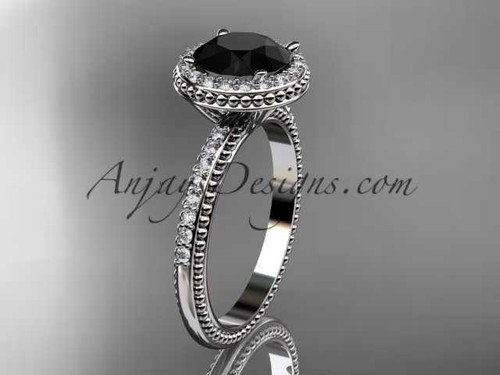 Luxury Black Diamond Halo Engagement ring, 14kt White Gold Bridal Ring ADER95