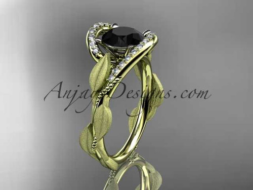 14kt yellow gold diamond leaf and vine wedding ring, engagement ring with Black Diamond center stone ADLR64