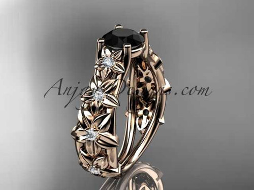 Modern Black Diamond Engagement Ring, 14kt Rose Gold Flower Engagement Ring ADLR149