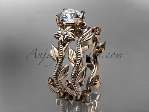 Unique 14k rose gold diamond floral wedding ring, engagement set with a "Forever One" Moissanite center stone ADLR238S