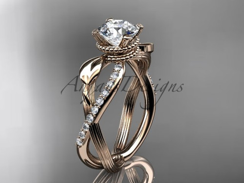 Romantic nature inspired leaf engagement ring featuring 1 carat lab grown diamond in 14k rose gold, IGI certified by Anjays Designs.
