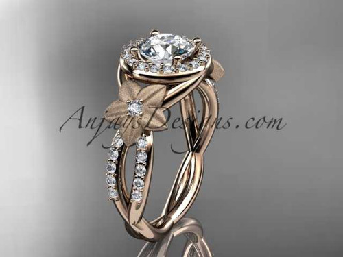14kt rose gold diamond floral wedding ring, engagement ring with a "Forever One" Moissanite center stone ADLR127