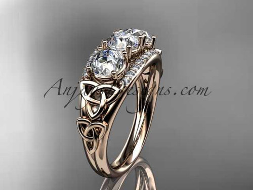 14kt rose gold diamond celtic trinity knot wedding ring, three stone engagement ring CT7203