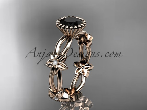 14k rose gold diamond leaf and vine wedding ring,engagement ring with a Black Diamond center stone ADLR19D