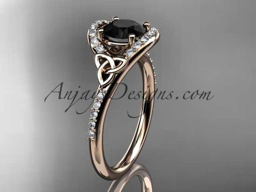 14kt rose gold diamond celtic trinity knot wedding ring, engagement ring with a Black Diamond center stone CT7317