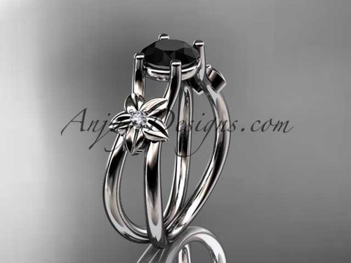 14kt white gold diamond floral wedding ring, engagement ring with a Black Diamond center stone ADLR130