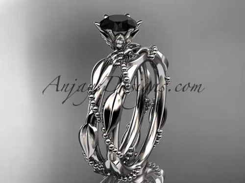 14k white gold diamond vine and leaf wedding ring, engagement set with a Black Diamond center stone ADLR178S