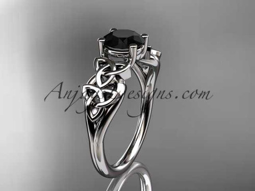 14kt white gold celtic trinity knot wedding ring, engagement ring with a Black Diamond center stone CT7169